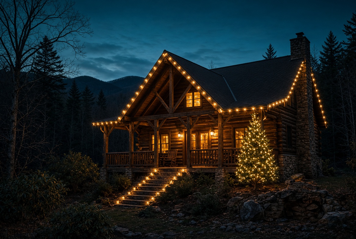 Cabin at dusk with warm white lights on the roofline, porch steps, and a small evergreen.