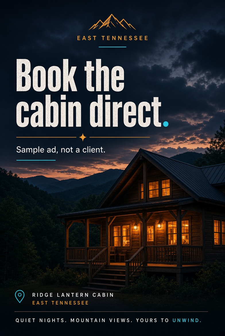 Sample cabin ad: Book the cabin direct.